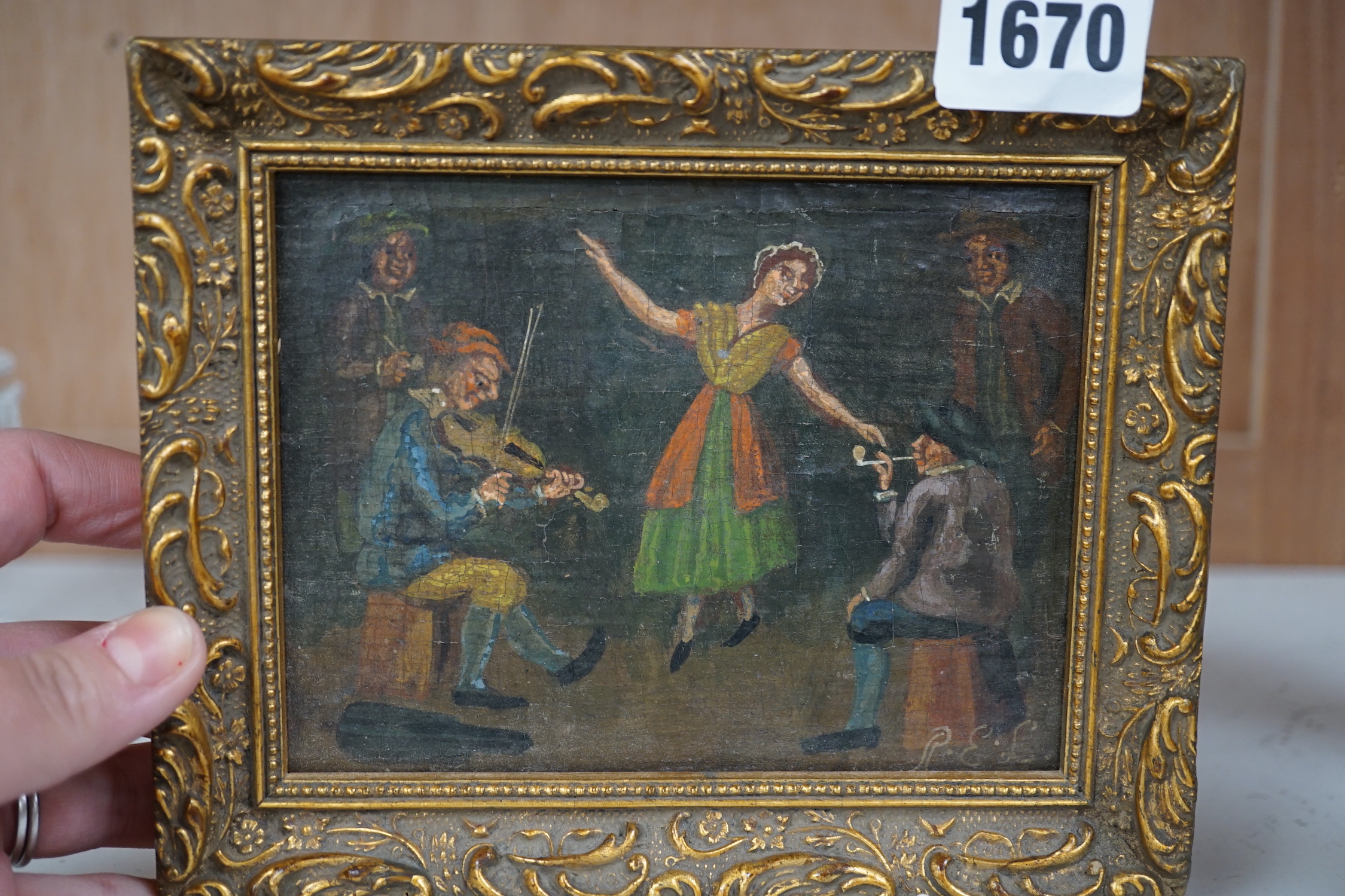 P.E.L., 17th century style, oil on panel, Musicians and dancing woman, initialled, 10 x 13cm